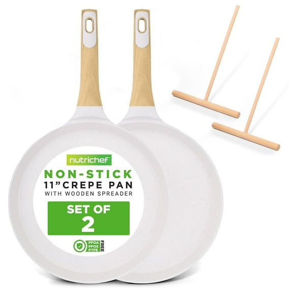 Nutrichef 2-Pack Non-Stick Crepe Pan Set 11 Marble Coated Dosa Pans with Wooden Spreaders, Bakelite and Wood Handles, Induction-Compatible, Easy-to-Clean, Stain-Resistant, White Cream Marble