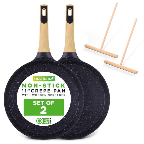 Nutrichef 2-Pack Non-Stick Crepe Pan Set 11 Marble Coated Dosa Pans with Wooden Spreaders, Bakelite and Wood Handles, Induction-Compatible, Easy-to-Clean, Stain-Resistant Black Marble