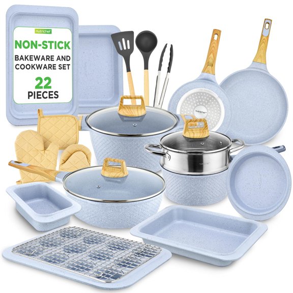 Nutrichef 22-Piece Cookware and Bakeware Set - Professional Home Kitchen Collection with Multi-Sized Pots, Pans, Non stick and Heat-Resistant Tools (Moon Grey Marble)