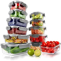 Nutrichef 24-Piece Superior Glass Food Storage Containers Set - Stackable Design BPA-free Locking lids (Gray) Glass Containers Capacity: 11 Oz - 35 Oz