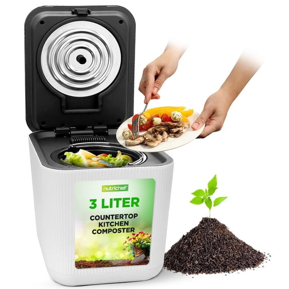 Nutrichef 3L Electric Kitchen Composter - Composts Organic Material & Food Scraps Countertop Automatic Compost Bin Dry, Crush, & Cooling Functions Perfect for Kitchens & Apartments White