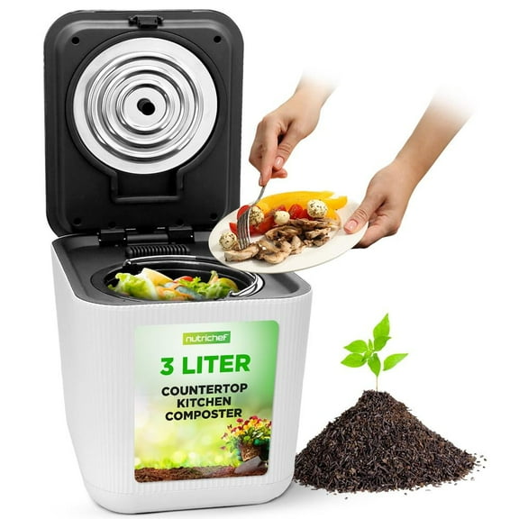 Nutrichef 3L Electric Kitchen Composter - Composts Organic Material & Food Scraps  Countertop Automatic Compost Bin  Dry, Crush, & Cooling Functions  Perfect for Kitchens & Apartments  White