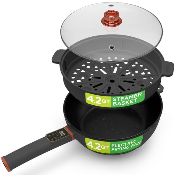 Nutrichef 4L Electric Frying Pan & 4L Steamer Multifunctional Portable 1000W Non-Stick Pot for Cooking Durable Heat Safe Handle Touch Control Panel Electric Hot Pot Black