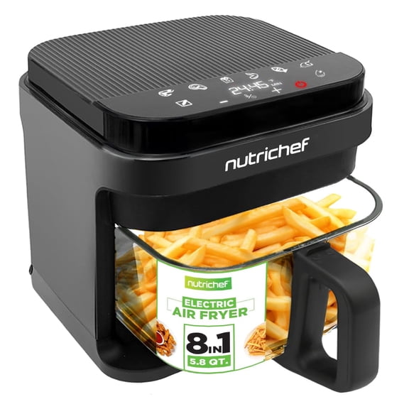 Nutrichef 5.8 Quart Air Fryer - 8-1 Preset Cook Modes - Transparent Fry Bowl for Best Cooking Results - Cook Shrimp, Steak, Fries, Wings, Chicken & More - Precise Temperature Control & Time - Grey