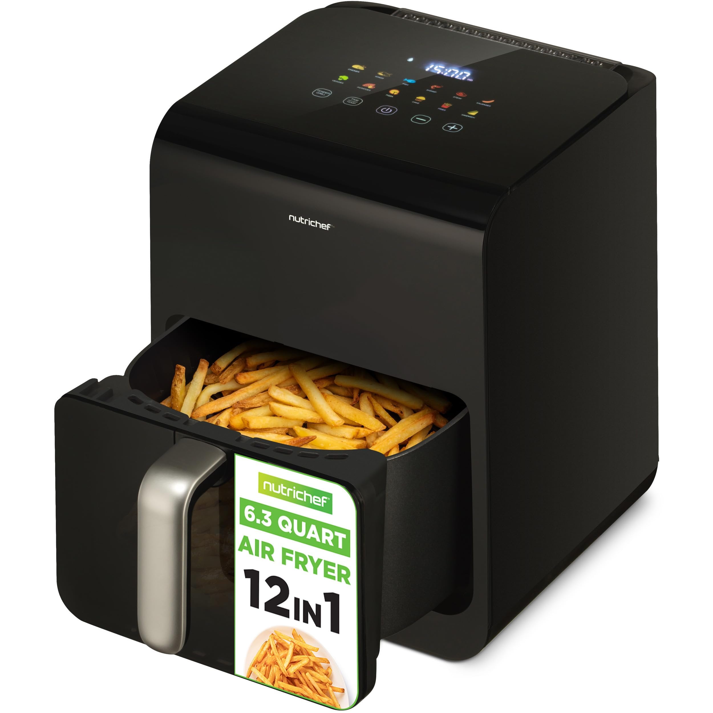 Nutrichef 6 Liter Electric Air Fryer 12-1 Preset Cooking Functions Includes Tenderizing Function Digital Display Transparent Window For Best Cooking Results 14.05 x 10.51 x 13.97 Black