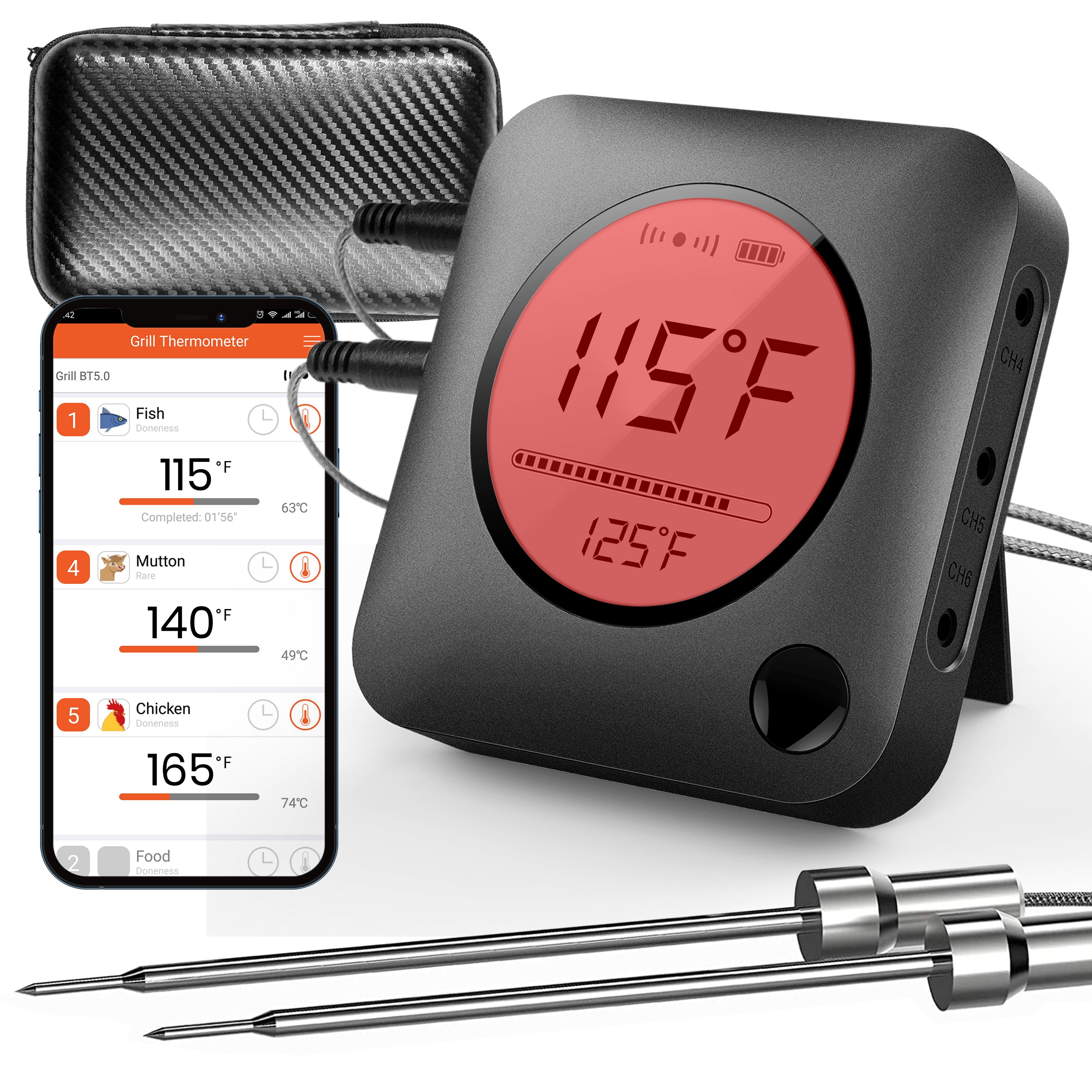 Nutrichef Bluetooth Meat Thermometer for Grilling and Smoking with Zip