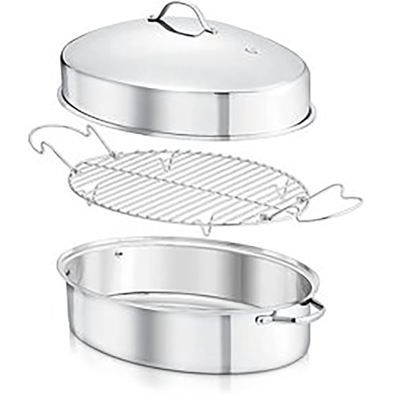 Nutrichef Oval Roasting Pan, Roaster with Polished Rack, Wide Handle and Stainless Steel Lid