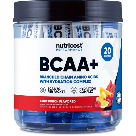 Nutricost BCAA+ Hydration Fruit Punch Flavor (20 Stickpacks) - Branched Chain Amino Acids with Hydration Complex - Gluten-Free, Non-GMO