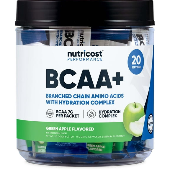 Nutricost BCAA+ Hydration Green Apple Flavored (20 Stickpacks) - Branched Chain Amino Acids with Hydration Complex - Gluten-Free, Non-GMO
