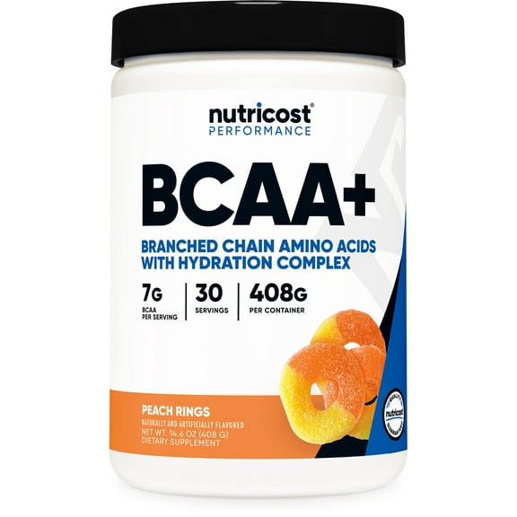 Nutricost BCAA+ Hydration Powder (Peach Rings) 30 Servings - Branched Chain Amino Acids with Hydration Complex - Gluten-Free, Non-GMO