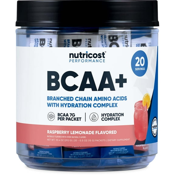 Nutricost BCAA+ Hydration Raspberry Lemonade (20 Stickpacks) - Branched Chain Amino Acids with Hydration Complex - Gluten-Free, Non-GMO
