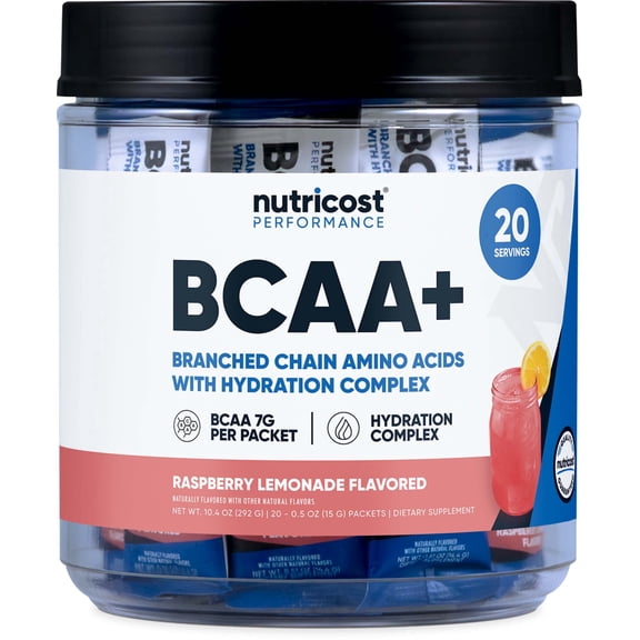 Nutricost BCAA+ Hydration Raspberry Lemonade (20 Stickpacks) - Branched Chain Amino Acids with Hydration Complex - Gluten-Free, Non-GMO