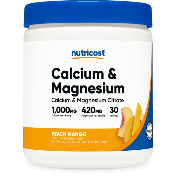 Nutricost Calcium Magnesium Powder (Peach Mango, 30 Servings) - Bone Support, Non-GMO, Gluten Free (from Calcium Citrate and Magnesium Citrate)