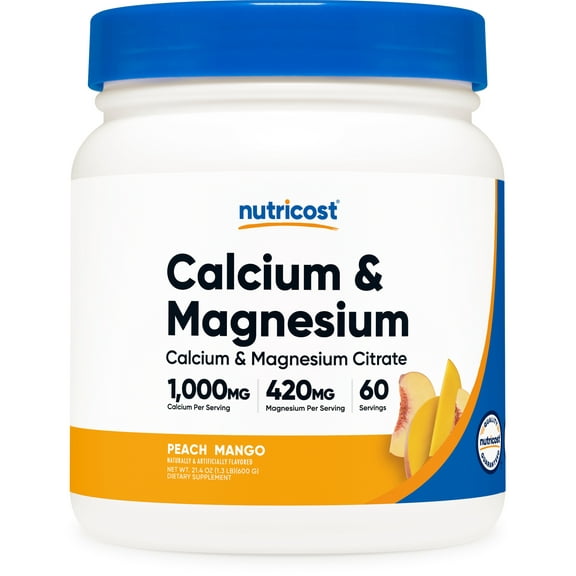 Nutricost Calcium Magnesium Powder (Peach Mango, 60 Servings) - Bone Support, Non-GMO, Gluten Free (from Calcium Citrate and Magnesium Citrate)