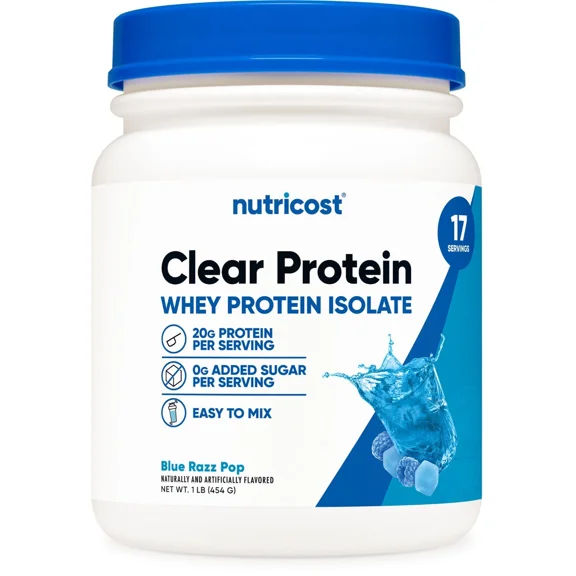 Nutricost Clear Whey Protein Isolate Powder (Blue Razz Pop) 1 LB - 20g Protein Per Serving, Zero Added Sugar, Easy-Mix WPI Drink, Gluten-Free, GMO-Free, 17 Servings