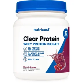 Nutricost Clear Whey Protein Isolate Powder (Electric Grape) 1 LB - 20g Protein Per Serving, Zero Added Sugar, Easy-Mix WPI Drink, Gluten-Free, GMO-Free, 17 Servings