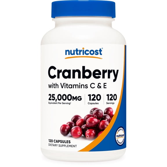 Nutricost Cranberry Extract 25,000mg Equivalent (from 500mg of 50:1 Extract) Per Serving, 120 Capsules for 120 Servings Per Bottle - with Vitamin C (45mg) & Vitamin E (5mg)