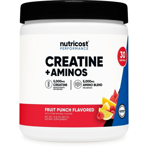 Nutricost Creatine + Aminos 30 Servings (Fruit Punch Flavored) - 5,000mg Creatine Monohydrate + 5000mg Amino BCAA Blend Per Serving