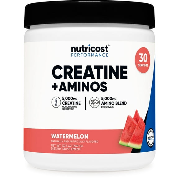 Nutricost Creatine + Aminos 30 Servings (Watermelon Flavored) - 5,000mg Creatine Monohydrate + 5000mg Amino BCAA Blend Per Serving