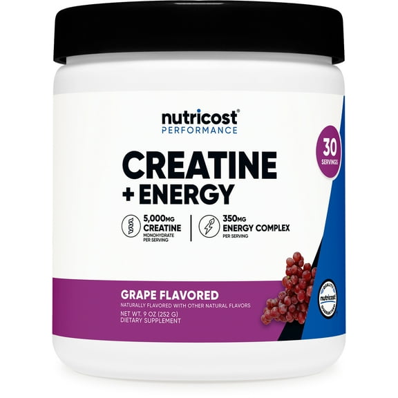 Nutricost Creatine + Energy 30 Servings (Grape Flavored) - 5,000mg Creatine Monohydrate + 350mg Energy Complex Per Serving