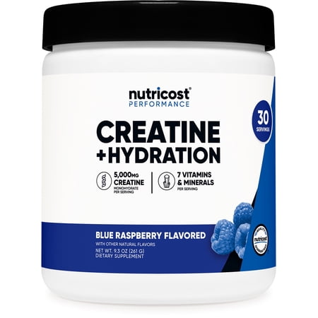 Nutricost Creatine Monohydrate + Hydration Powder (Blue Raspberry) 30 Servings - 7 Vitamins & Minerals, 5000mg of Creatine per Serving