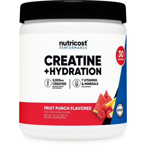 Nutricost Creatine Monohydrate + Hydration Fruit Punch Flavored, 30 Servings, 7 Vitamins & Minerals - 5000mg of Creatine Per Serving
