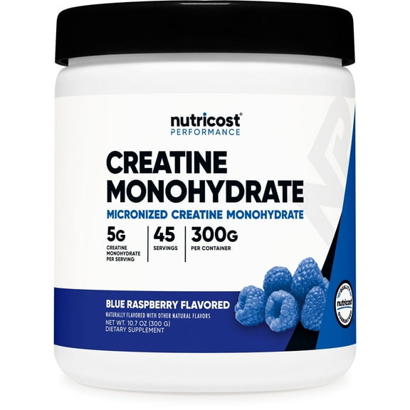 Nutricost Creatine Monohydrate Powder Blue Raspberry Flavored, 300 Grams - (5 Grams Per Serving)