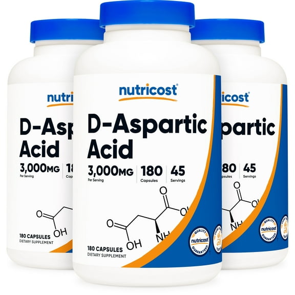 Nutricost D-Aspartic Acid Capsules (180 Caps) 3 Bottles - Gluten Free, Non-GMO Supplement