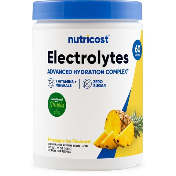 Nutricost Electrolytes Complex Powder (Pineapple Ice) 60 Servings - Advanced Hydration Complex, 7 Vitamins + Minerals, Zero Sugar, Sweetened with Stevia, Gluten-Free, GMO-Free