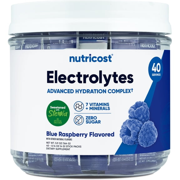 Nutricost Electrolytes Complex, Blue Raspberry Flavored, 40 Stickpacks - Advanced Hydration Complex