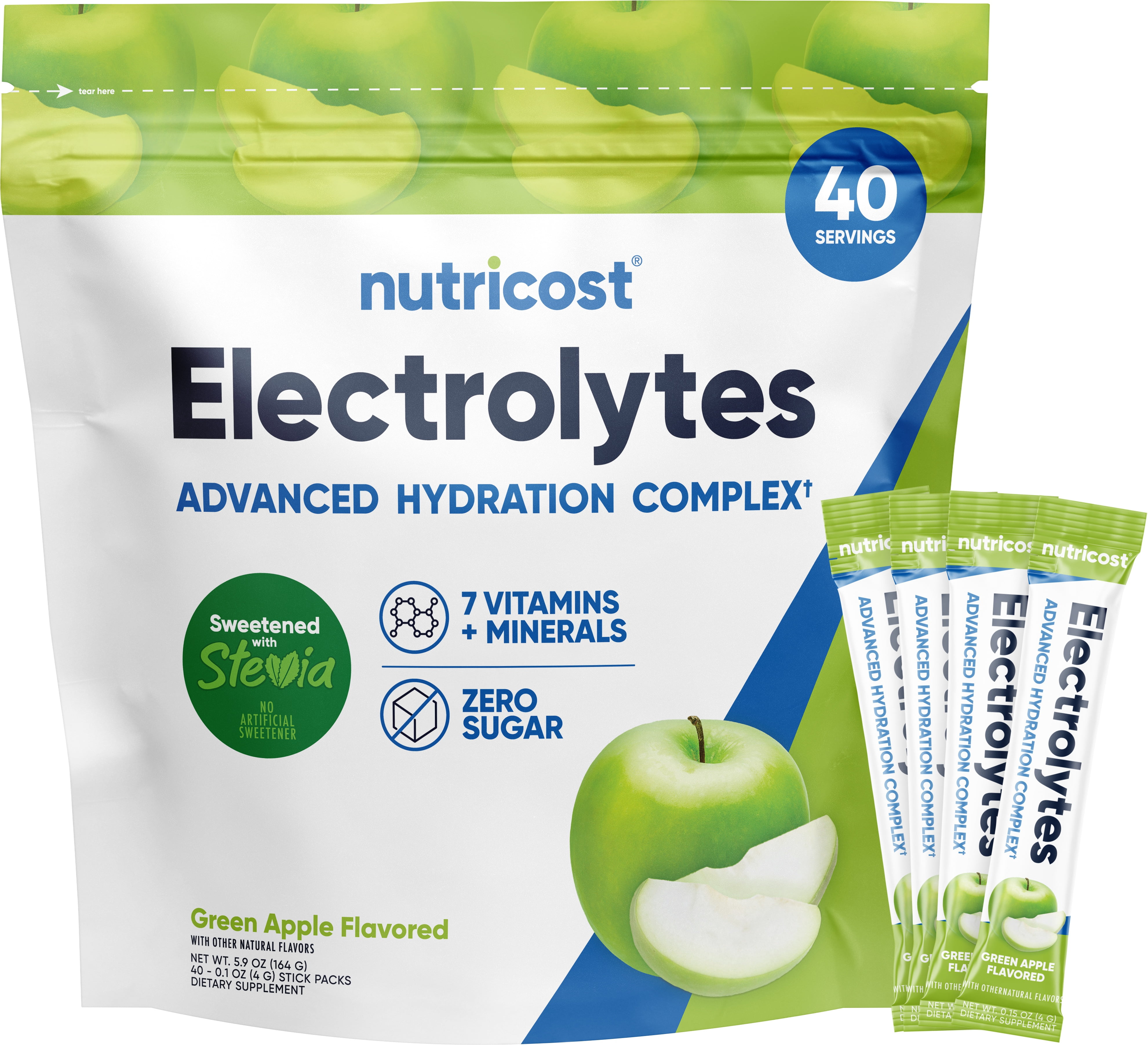 Nutricost Electrolytes Complex, Green Apple Flavored, 40 Stickpacks - Advanced Hydration Complex
