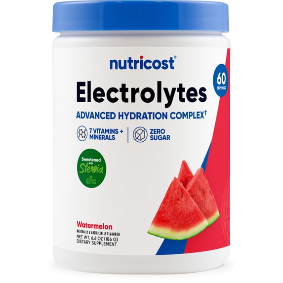 Nutricost Electrolytes Complex Powder (Watermelon) 60 Servings - Advanced Hydration Complex, 7 Vitamins + Minerals, Zero Sugar, Sweetened with Stevia, Gluten-Free, GMO-Free