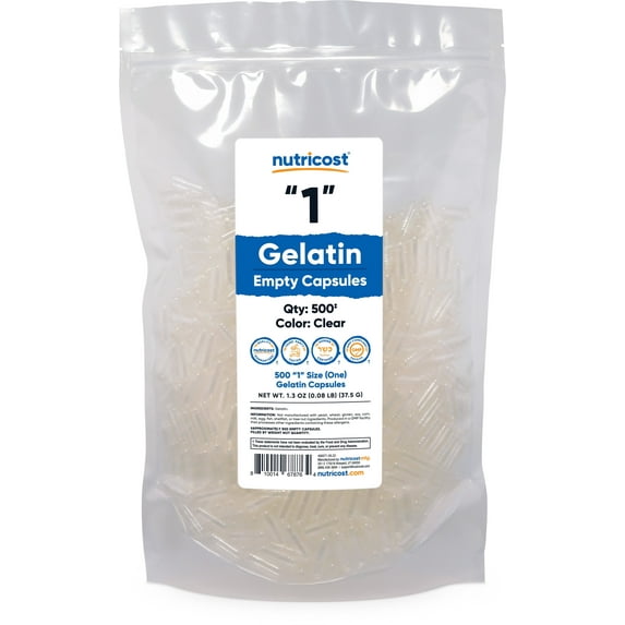 Nutricost Empty Capsules Gelatin Size 1 - 500 Clear Empty '1' Gel Capsules - Kosher, Non-GMO, Soy Free, Gluten Free