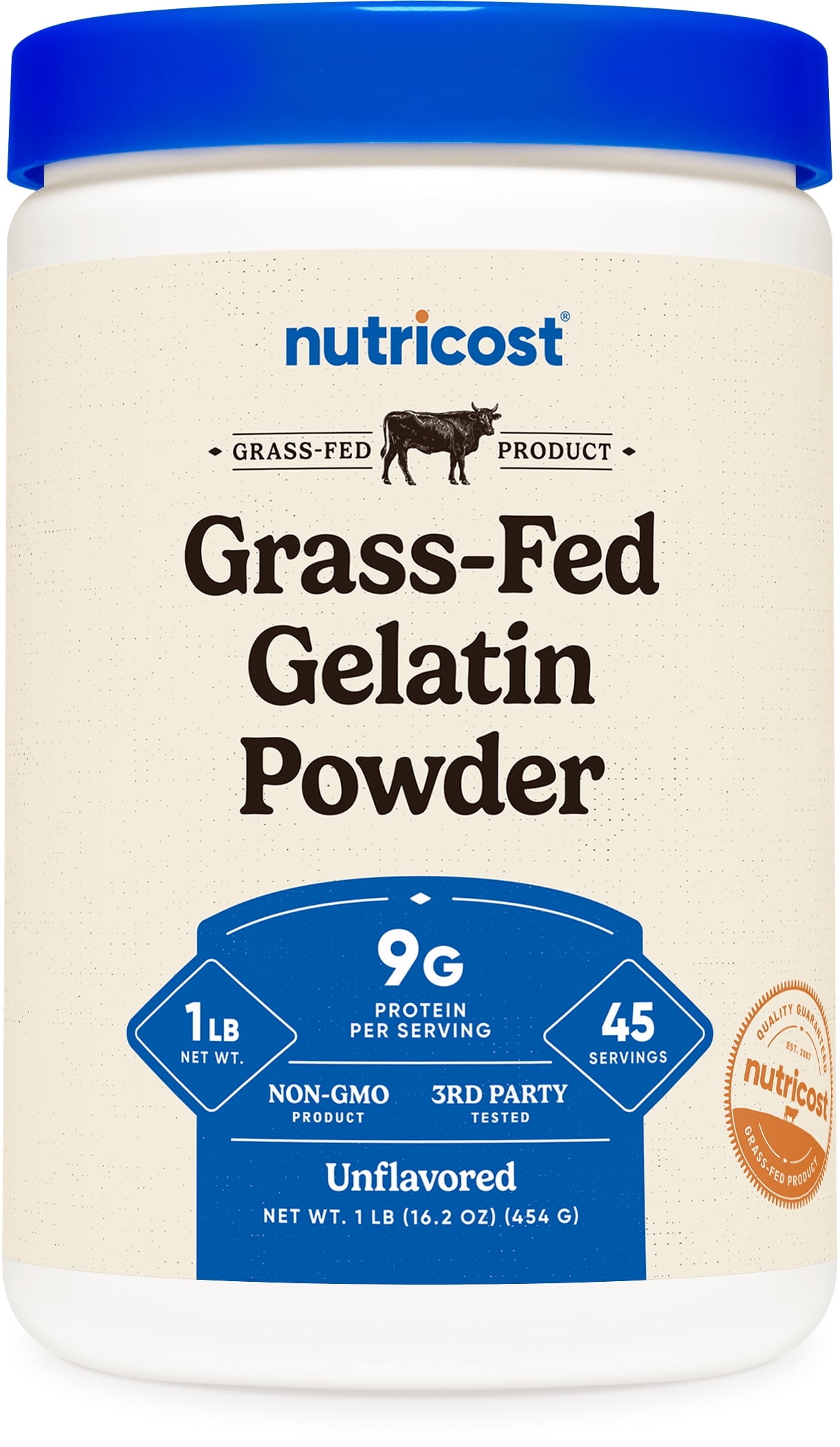 Nutricost Grass-Fed Beef Gelatin Powder (1 LB) Unflavored - 9g of Protein per Serving, GMO-Free, Gluten-Free, 45 Servings