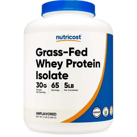 Nutricost Grass-Fed Whey Protein Isolate Powder 5LBS Unflavored, 65 Servings