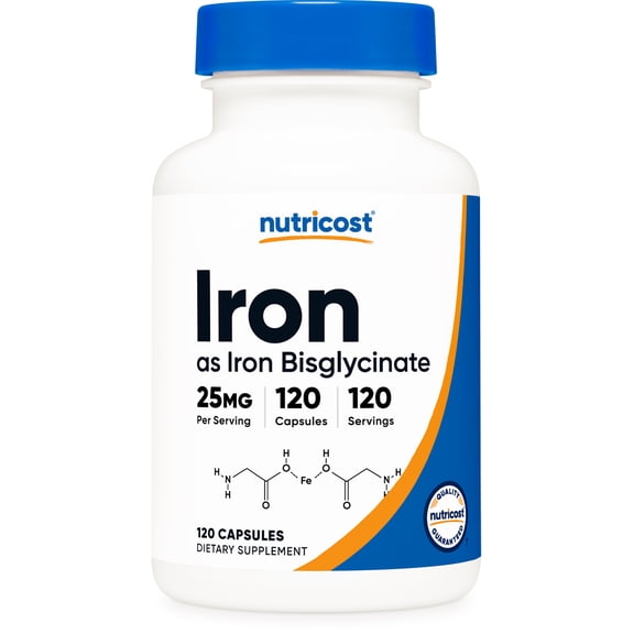 Nutricost Iron Bisglycinate Supplement (25mg) 120 Capsules - from Ferrous Bisglycinate Chelate - Non-GMO & Gluten-Free