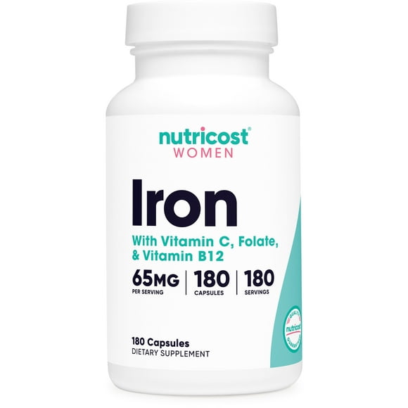 Nutricost Iron for Women 65mg, 180 Capsules, with Vitamin C, B12 & Folate - Supplement