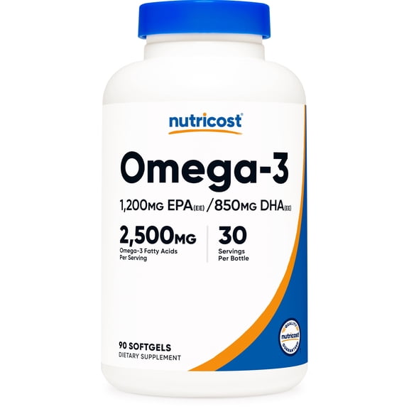 Nutricost Omega 3 - 2500MG, 90 Softgels (30 Servings) - Fish Oil, 1200mg EPA 850mg DHA - Non-GMO, Gluten Free Supplement for Men & Women