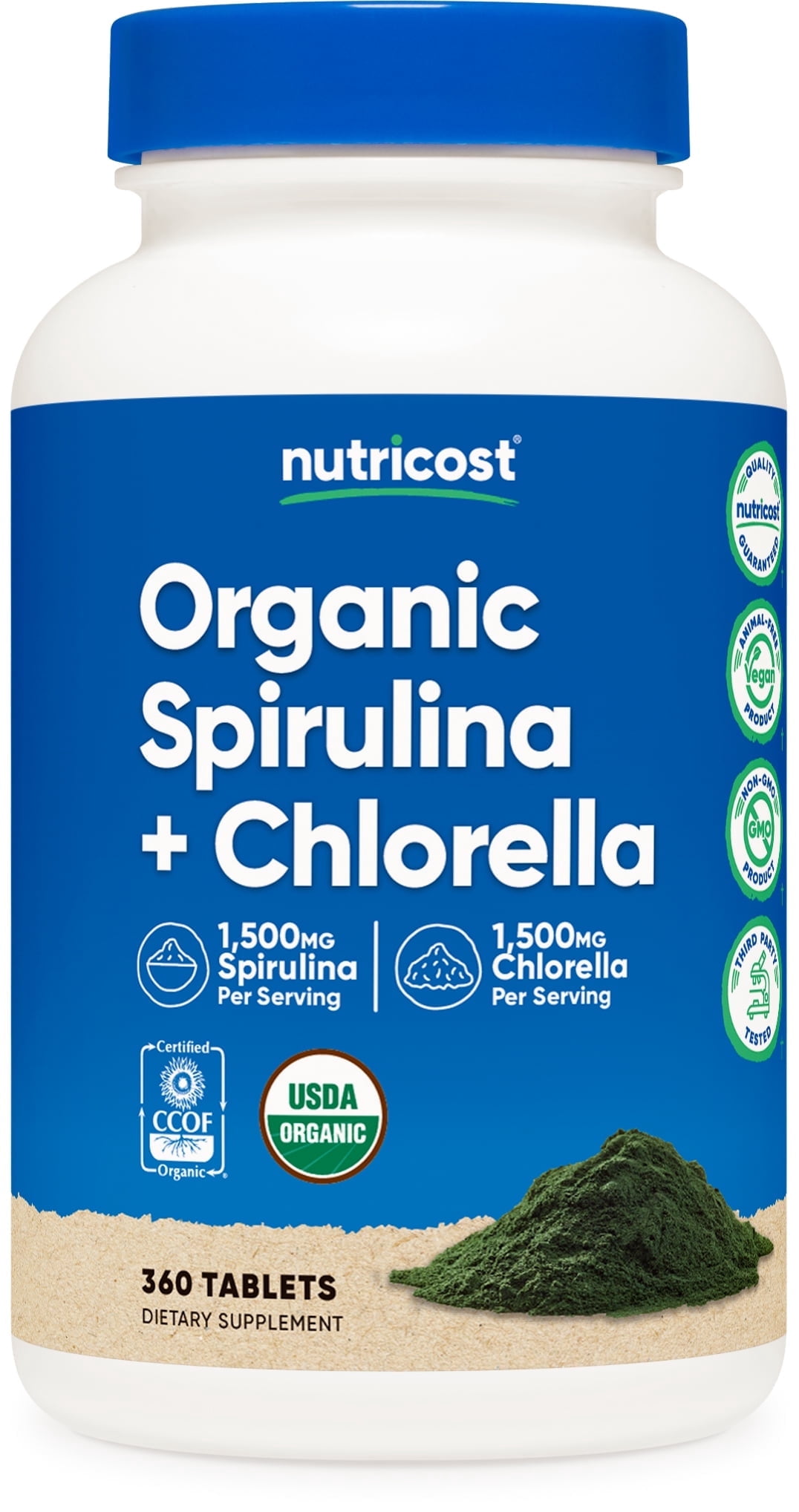 Nutricost Organic Spirulina + Chlorella (3,000mg) 360 Tablets - USDA Organic, 1,500mg Spirulina, 1,500mg Chlorella, Vegan, GMO-Free, Gluten-Free, 60 Servings