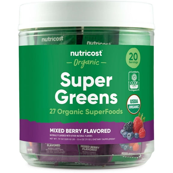 Nutricost Organic Super Greens (Mixed Berry Flavored) 20 Stickpacks - Gluten-Free, Non-GMO
