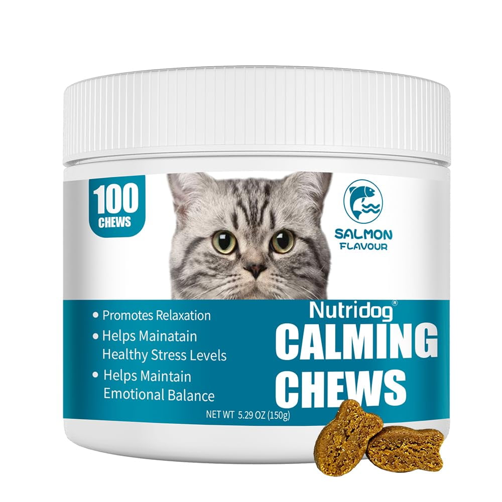 Nutridog Cat Calming Treats - 100 Count Salmon Chews with Organic Chamomile & Ginger, Stress Relief Supplement for Separation Anxiety, Vet Visits & Thunderstorms (Salmon) C80
