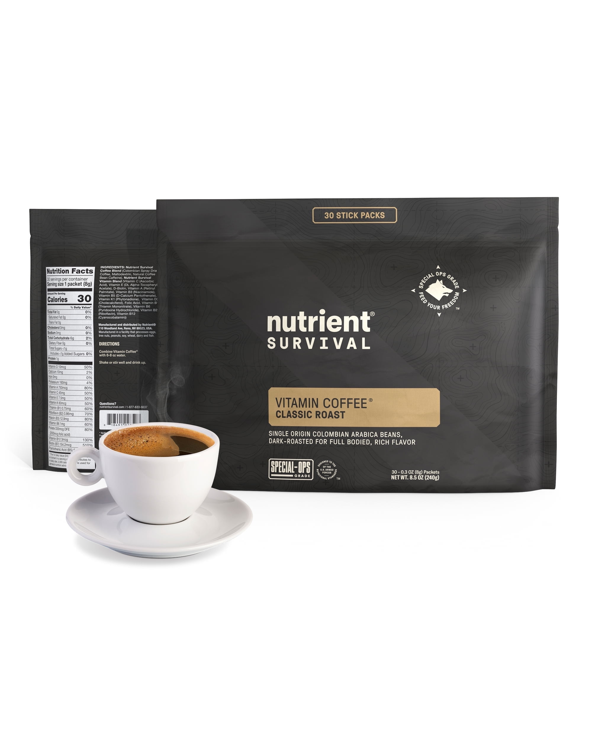 Nutrient Survival Coffee, Vitamin Enriched Dark Roast Coffee, 100% Colombian Arabica, Prepper Supplies, 13 Essential Vitamins, Shelf Stable Up to 18 Months, Resealable Bulk Pouch, 30 Servings
