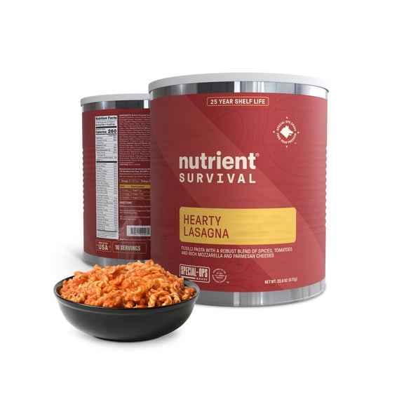 Nutrient Survival MRE Hearty Lasagna, Ready to Eat Meals, Freeze Dried Prepper Supplies & Emergency Food Supply, 40 Essential Nutrients, Shelf Stable Up to 25 Years, One Can, 10 Servings