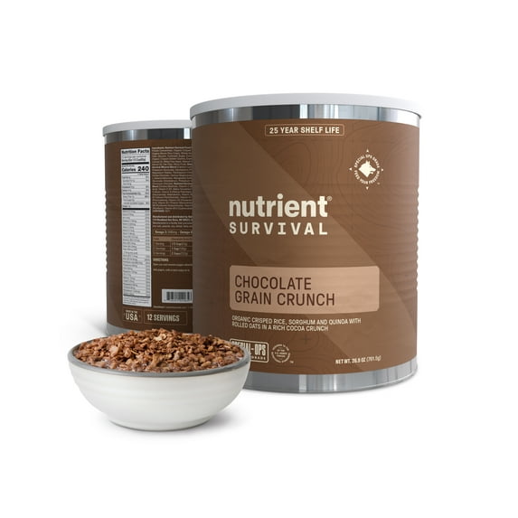 Nutrient Survival MRE Cereal, Chocolate Grain Crunch, Freeze Dried Prepper Supplies & Emergency Food Supply, Dairy & Gluten Free, Shelf Stable Up to 25 Years, One Can,12 Servings
