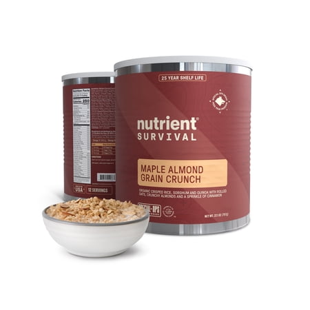 Nutrient Survival MRE Cereal, Maple Almond Grain Crunch, Freeze Dried Prepper Supplies & Emergency Food Supply, Dairy & Gluten Free, Shelf Stable Up to 25 Years, One Can,12 Servings