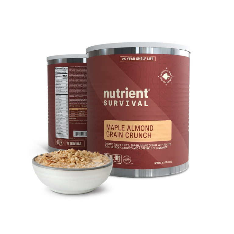 Nutrient Survival MRE Cereal, Maple Almond Grain Crunch, Freeze Dried Prepper  Supplies & Emergency Food Supply, Dairy & Gluten Free, Shelf Stable Up to  25 Years, One Can,12 Servings 