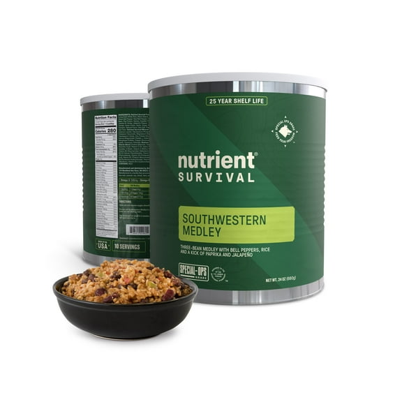 Nutrient Survival MRE Southwestern Medley Ready to Eat Meals, Freeze Dried Prepper Supplies & Emergency Food Supply, 40 Essential Nutrients, Shelf Stable Up to 25 Years, One Can, 10 Servings