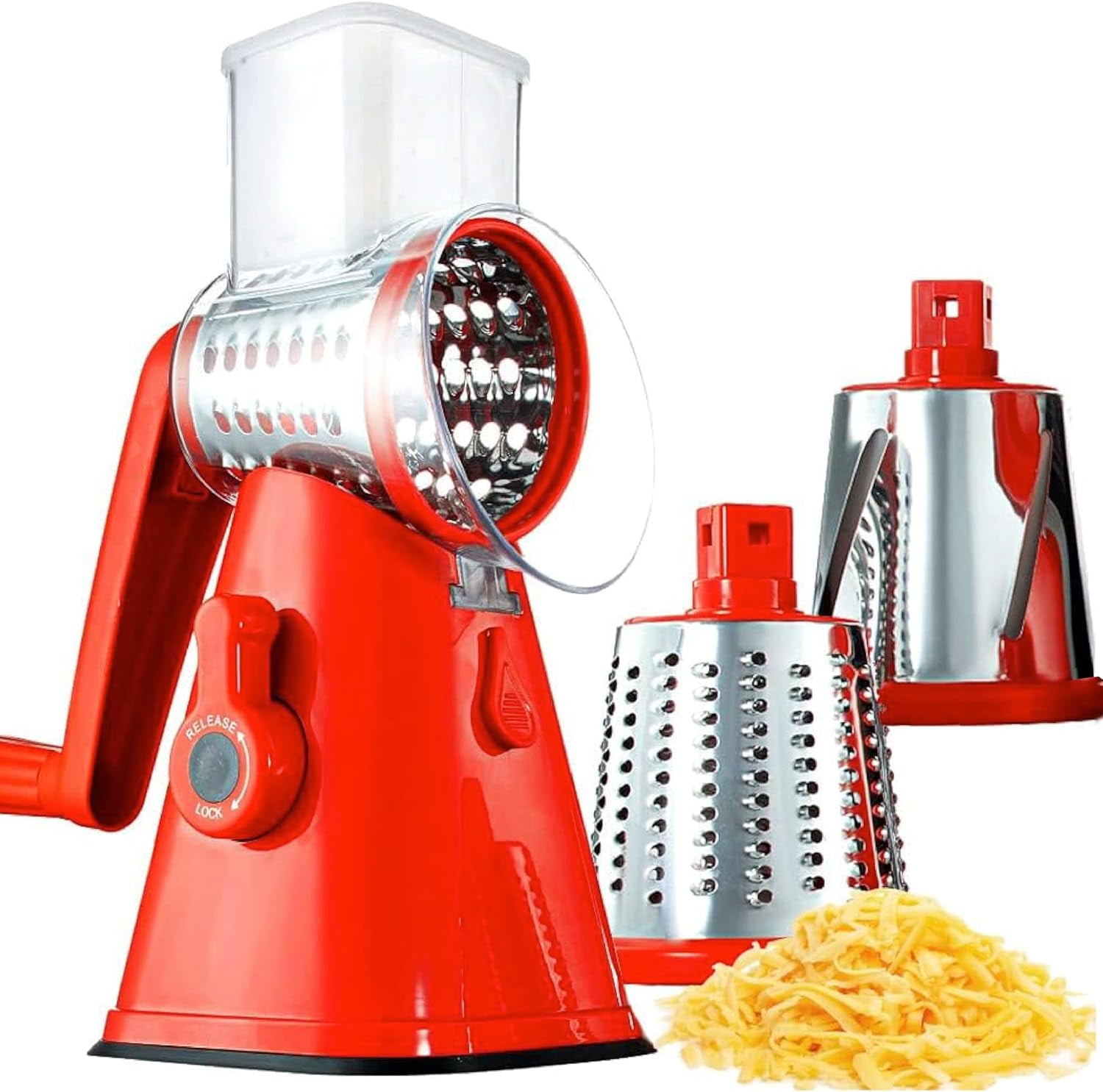 Red Stainless Steel 3-in-1 Rotary Cheese Grater and Vegetable Chopper