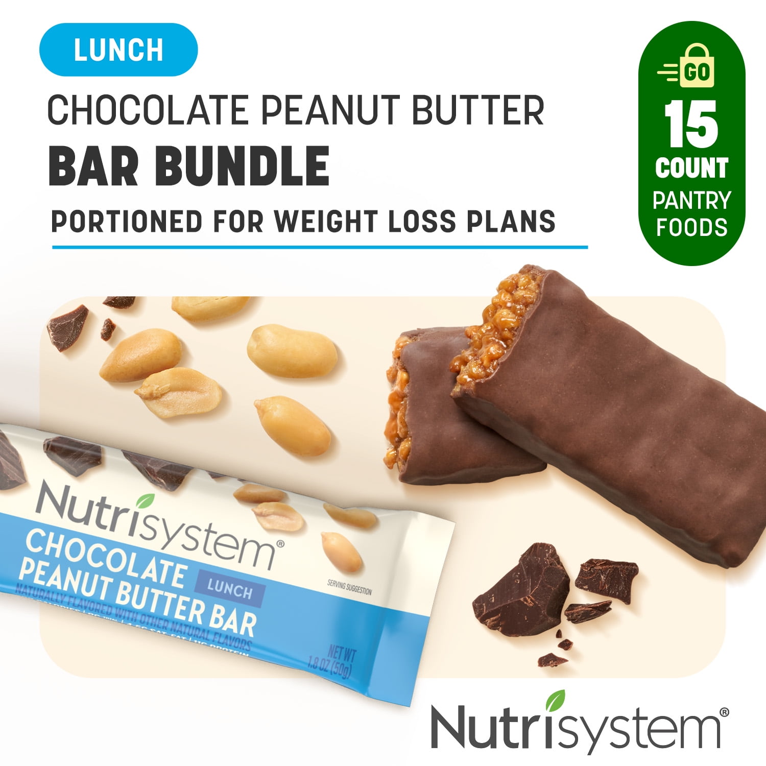 Nutrisystem Chocolate Peanut Butter Bar Pack for Weight Loss, 11g Protein, 15 Count