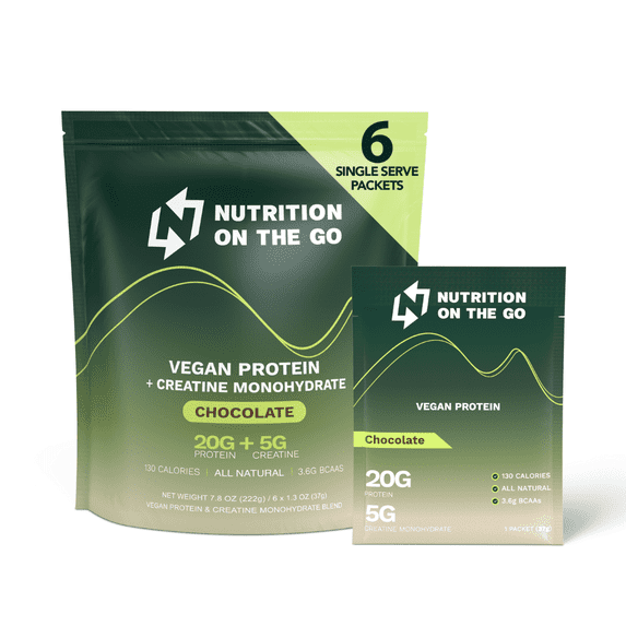 Nutrition On The Go Chocolate Vegan Protein Powder with Creatine - 20g Protein, 5g Creatine & 130 Calories - Single-Serve Packets for Travel, Gym, On-The-Go, Dairy & Gluten-Free (6-Pack)